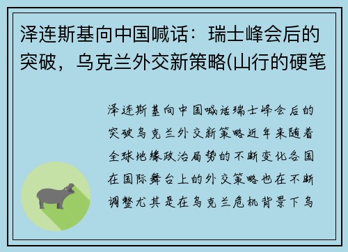 泽连斯基向中国喊话：瑞士峰会后的突破，乌克兰外交新策略(山行的硬笔)